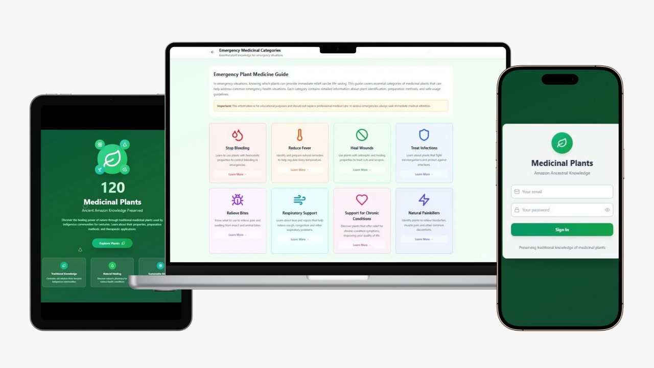 Product displayed on desktop, tablet, and phone