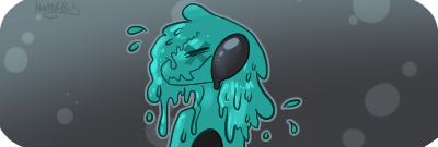 A teal keke with a fully extended mouth in a display of stress. Their mane is super goopy, dripping and running all over the place