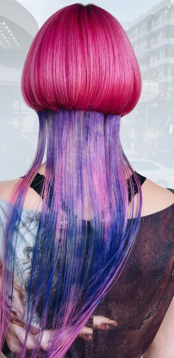 Pink hair color with long purple Jellyfish highlights