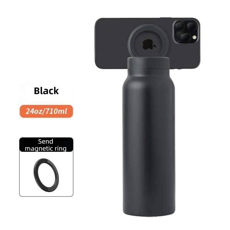 Black 24oz Stainless Steel Insulated Water Bottle With 90° Adjustable Vertical/Horizontal Magnetic Phone Holder - Ringo Style Magnetic Lid Sport Flask