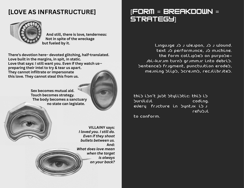 The fifth and sixth page of a zine titled 'Villainy // System Malfunction - Survival Strategy'.
