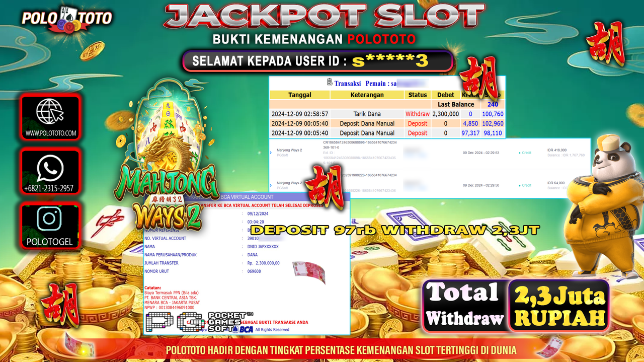 POLOTOTO JACKPOT SLOT MAHJONG WAYS 2 Rp.2,300.000,-