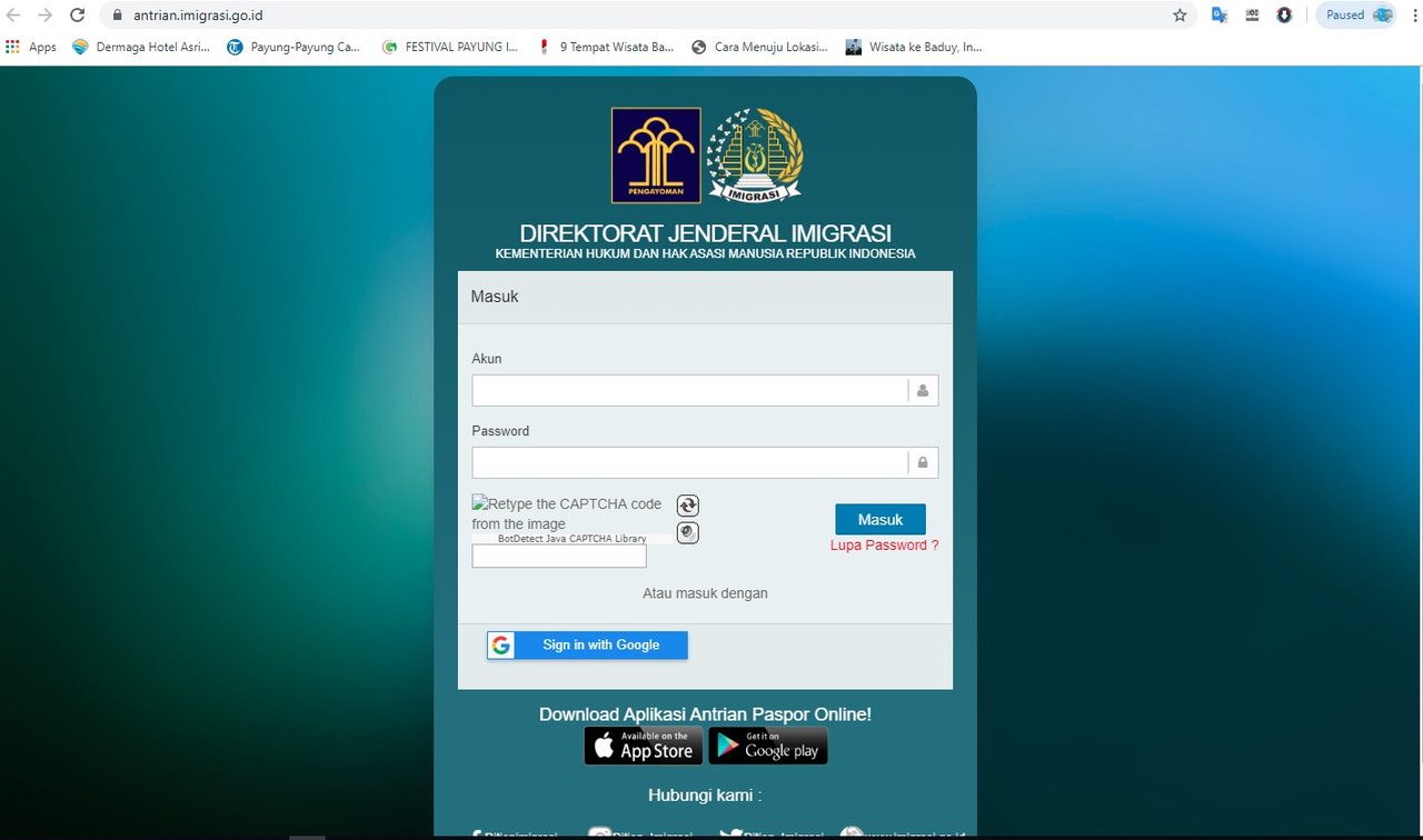 Tampilan laman https://antrian.imigrasi.go.id/