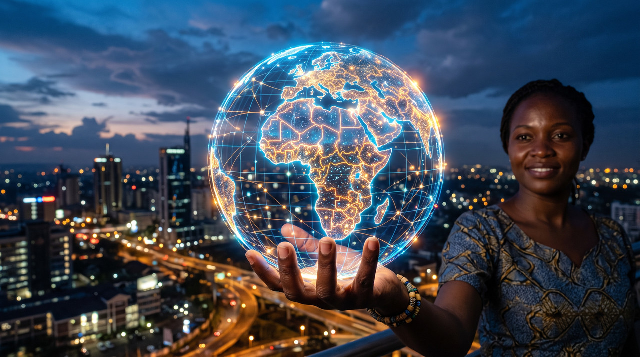 A powerful closing image of an African hand holding a glowing digital network sphere with the continent's map illuminated inside
