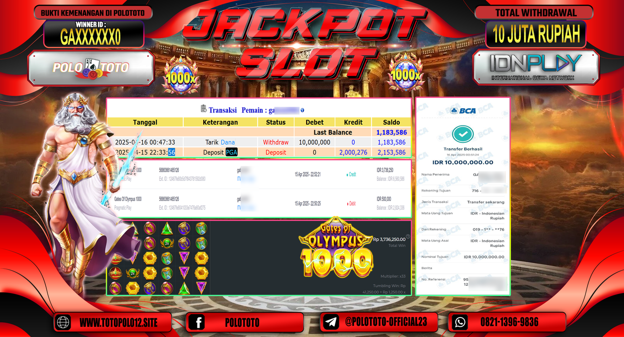 POLOTOTO JACKPOT SLOT GATES OF OLYMPUS 1000 Rp.10.000.000,-