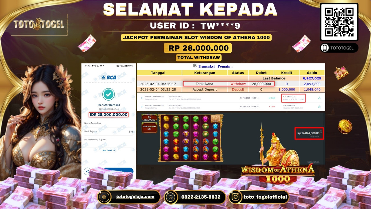 Bukti Pembayaran Jackpot  Permainan Slot Wisdom Of Athena 1000  ID:TW****9  LUNAS
