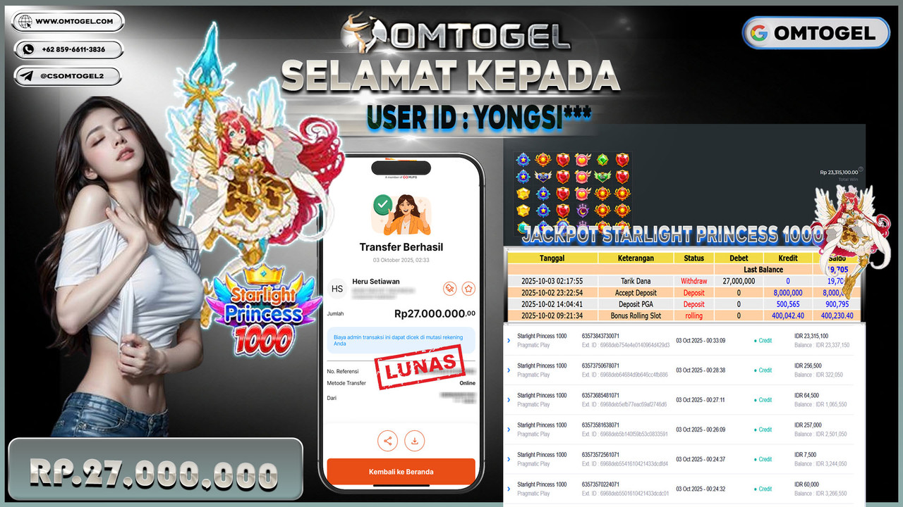 OMTOGEL JACKPOT PRAGMATIC PLAY STARLIGHT PRINCESS 1000 27 JUTA DI BAYAR LUNAS ,-