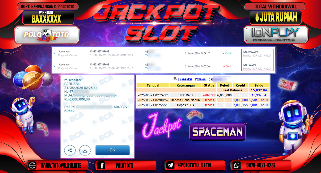 POLOTOTO JACKPOT SLOT SPACEMAN Rp.6.000.000,-