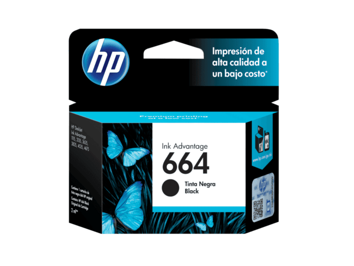 Cartucho de tinta original de rendimiento estándar HP 664 en color negro.