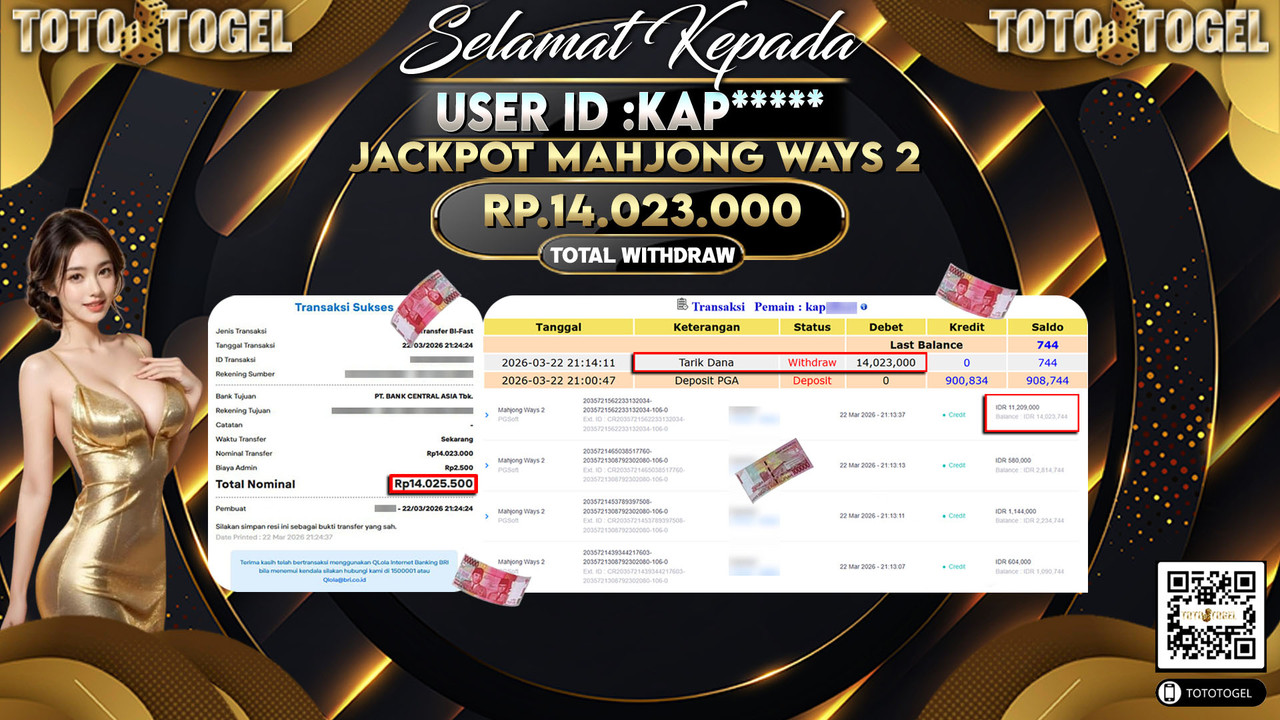 Bukti Pembayaran Jackpot Permainan Slot Mahjong Ways 2 ID:KAP*****LUNAS