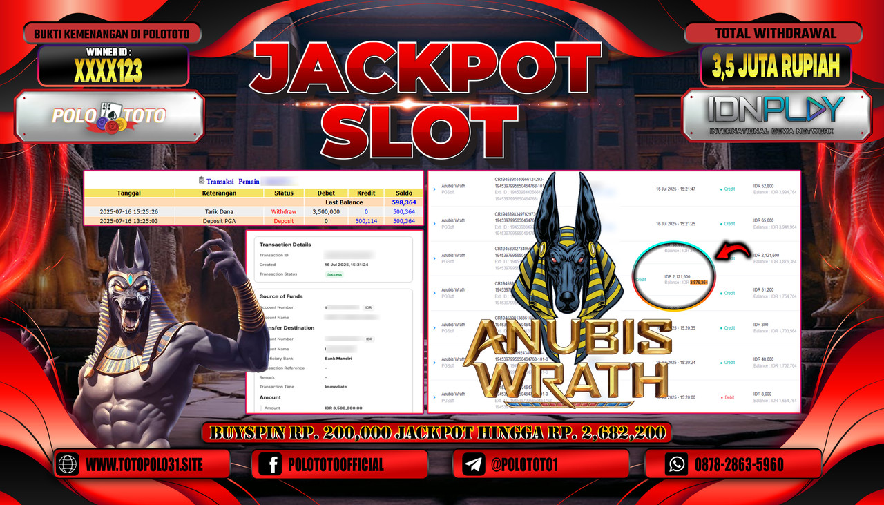 POLOTOTO JACKPOT SLOT ANUBIS WRATH Rp.3.500.000,- LUNAS