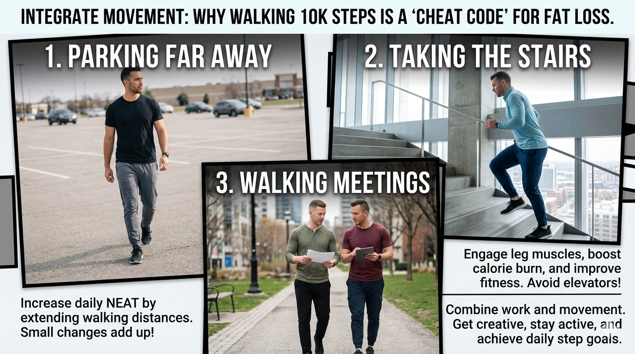 Collage of walking strategies: parking far, taking stairs, walking meetings for why walking 10k steps is a cheat code for fat loss