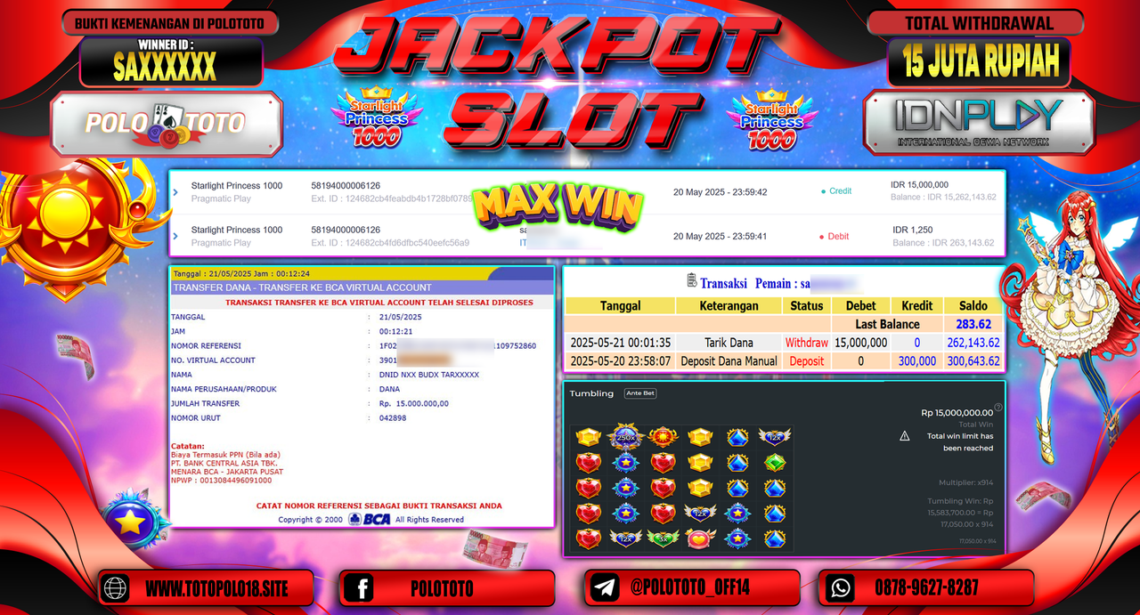 POLOTOTO JACKPOT SLOT STARLIGHT PRINCESS 1000 Rp.15.000.000,-
