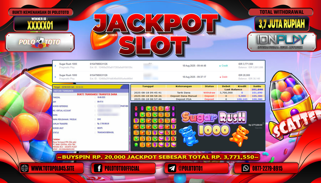 POLOTOTO JACKPOT SLOT SUGAR RUSH 1000 Rp.3.700.000,- LUNAS