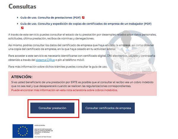 Página principal de la Sede Electrónica para la consulta de la prestación