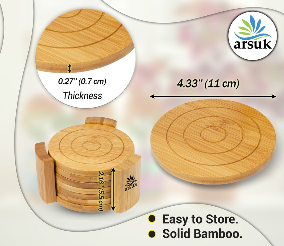 Natural Wooden Bamboo Coaster Set 6pcs With Holder Tea Coffee Home Dining Table