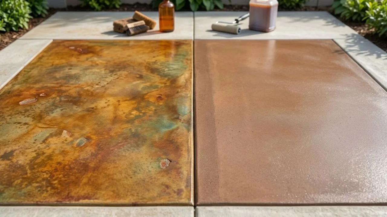 Comparison of acid stain versus water-based concrete stain results on similar slabs