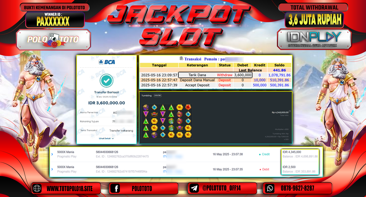 POLOTOTO JACKPOT SLOT 5.000X MANIA Rp.3.600.000,-