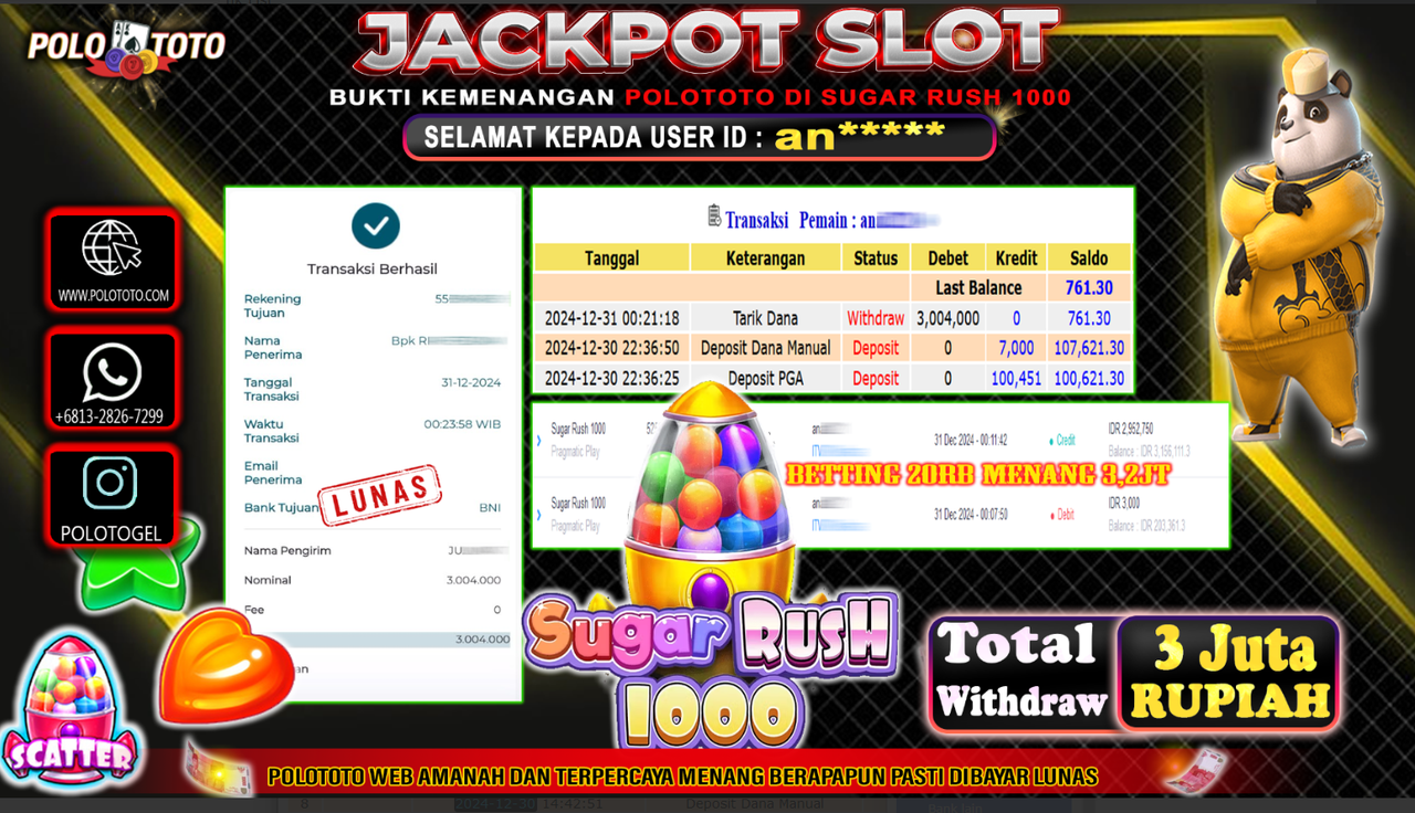 POLOTOTO JACKPOT SLOT SUGAR RUSH 1000 Rp.3,004.000,-