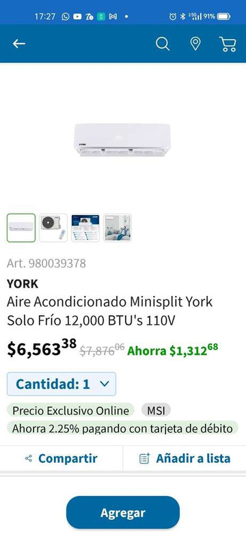 Sam's Club: Aire Acondicionado Minisplit York Solo Frío 12,000 BTU's 110V 
