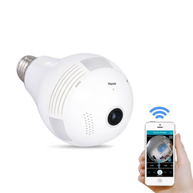 Bombillo con cámara de seguridad WiFi integrada, vista 360 grados.