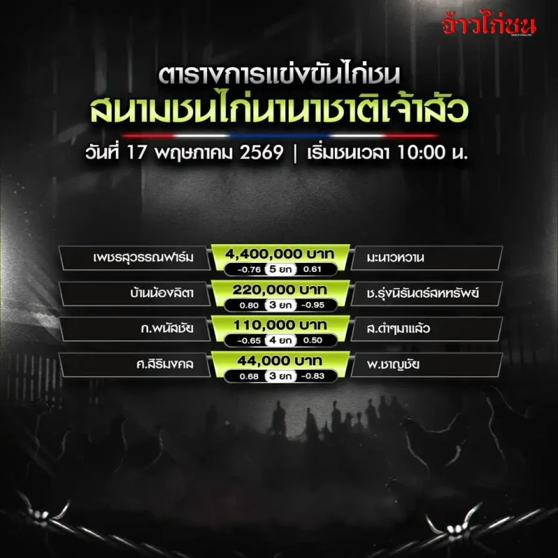 โปรแกรมไก่ชน สนามชนไก่นานาชาติเจ้าสัว วันอาทิตย์ที่ 17 พฤษภาคม 2569