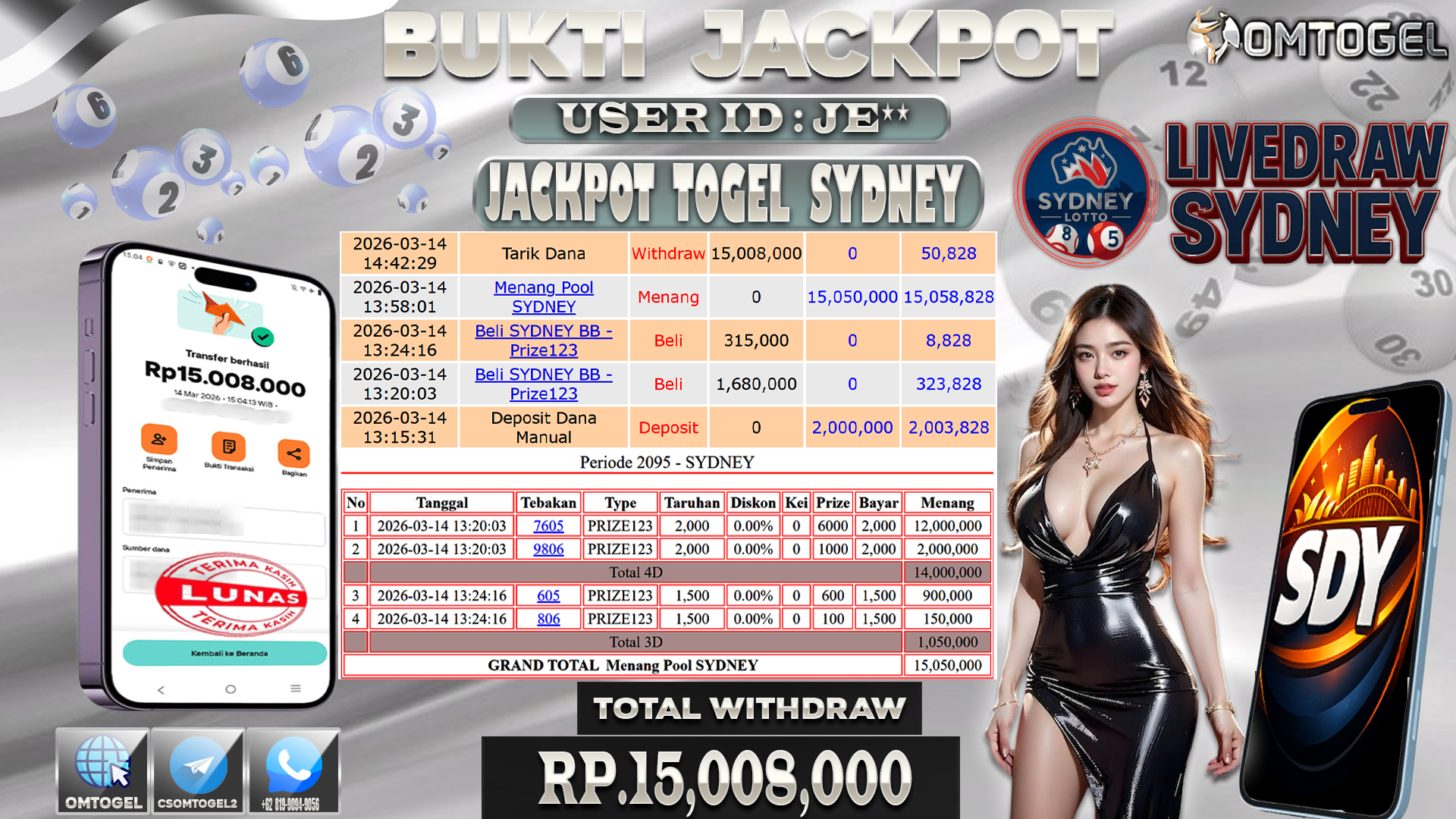 OMTOGEL JACKPOT TOGEL SYDNEY  4D 3D, 15 JUTA DI BAYAR LUNAS ,-