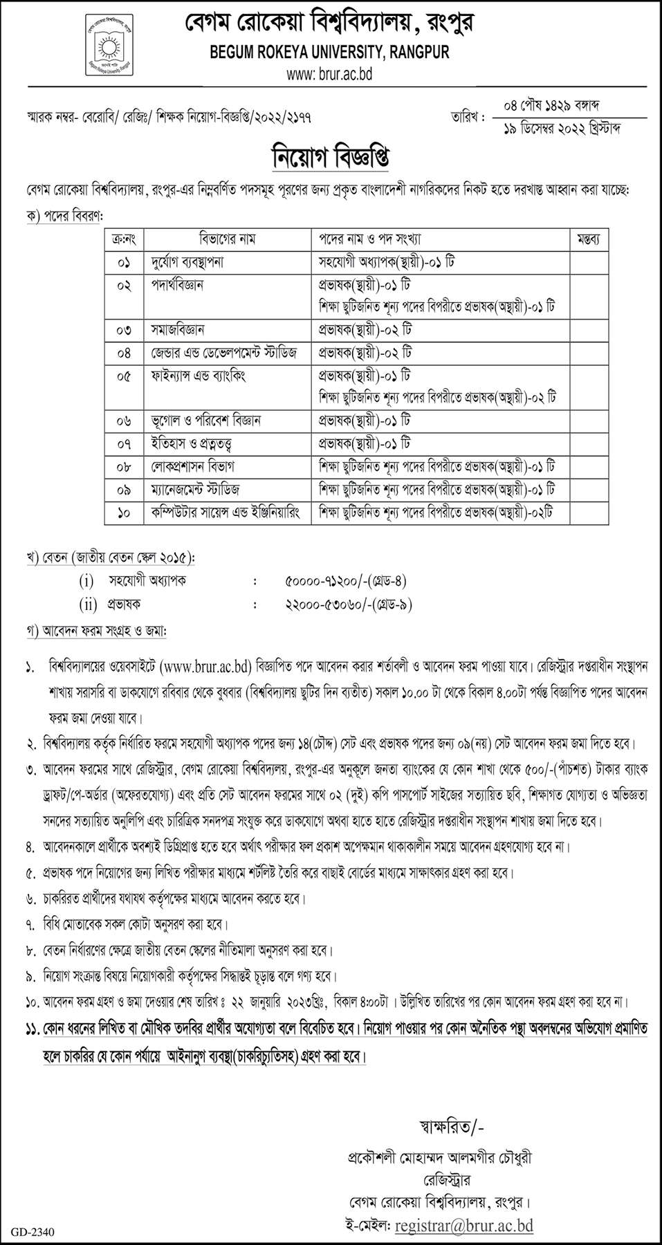 BRUR Job Circular 2022