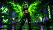 Female-dressed-in-black-trip-pants-with-green-biohazard-symbols-She-wears-a-black-top-that-shows-he