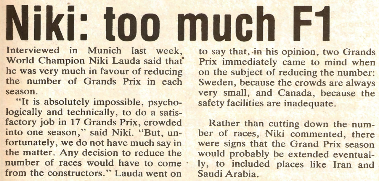 Lauda on F1 Season Length ( Middle East Expansion Speculation) (Autosport 17th November 1977)