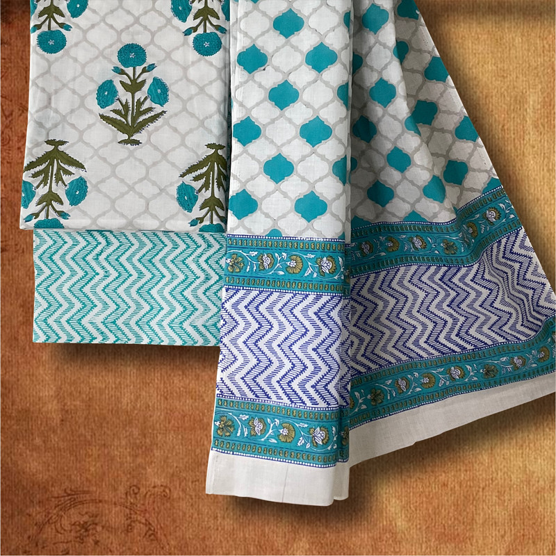Turquoise Bloom Hand Block Printed Cotton Dress Material