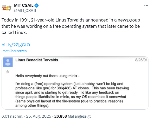 Linus Torvalds kündigt Linux an