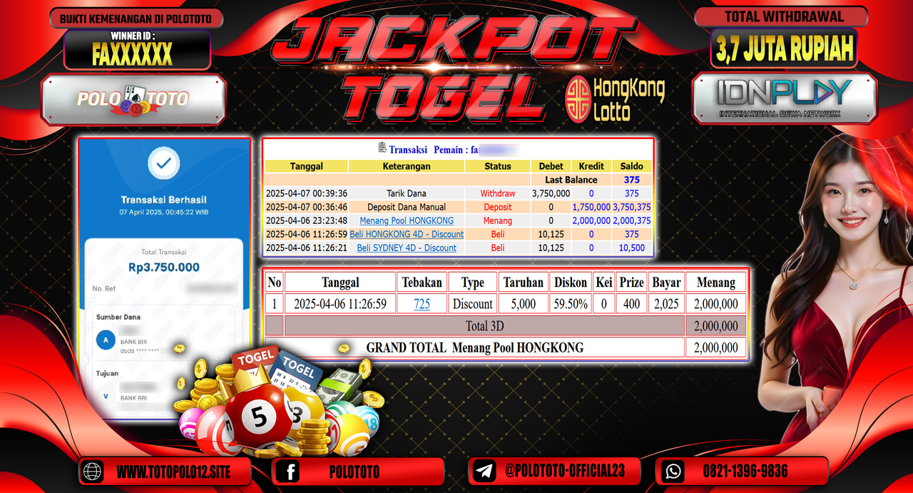 POLOTOTO JACKPOT TOGEL PASARAN HONGKONG LOTTO Rp.3.750.000,-