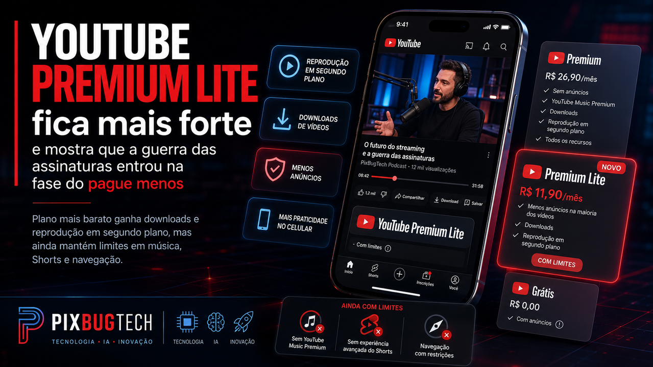 YouTube Premium Lite fica mais forte e mostra que a guerra das assinaturas entrou na fase do “pague menos, mas aceite limites”