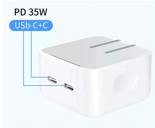 Cargador Apple compacto de 35W con dos puertos USB-C.