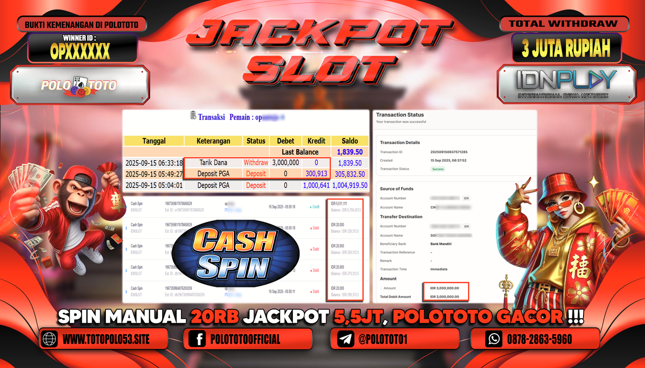 POLOTOTO JACKPOT SLOT CASH SPIN Rp.3.000.000,-