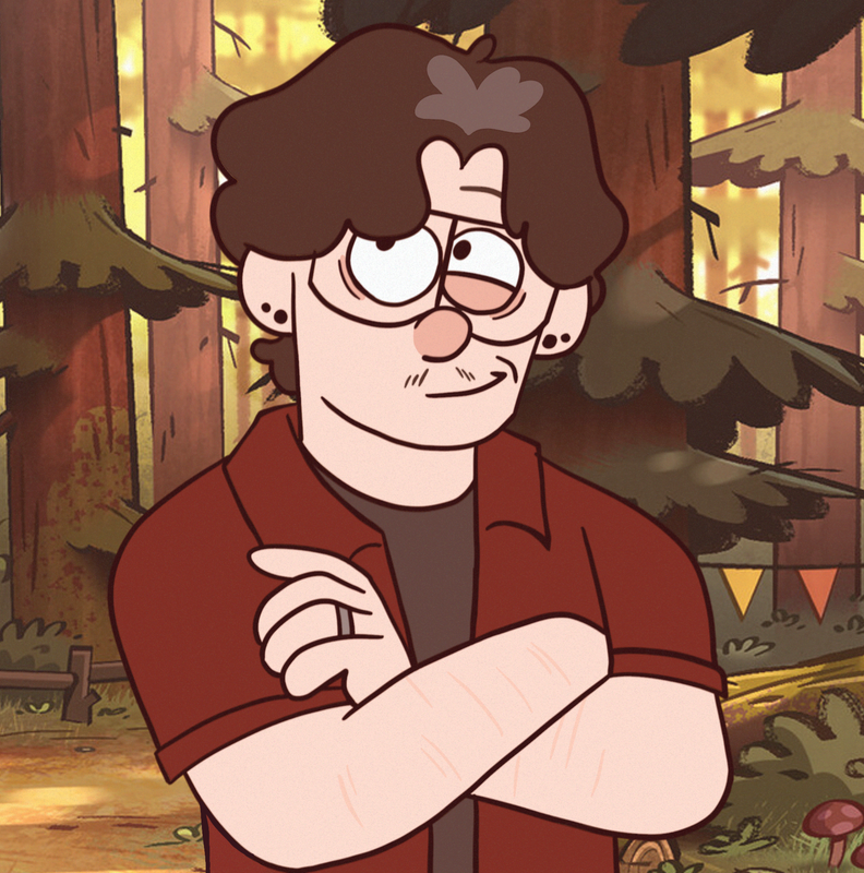 A digital drawing of the Webmaster's self-insert in the Gravity Falls artstyle. His arms are crossed as he looks off to the side with a playful smile. His hair is greying at the roots and he looks distinctly older than the Webmaster.