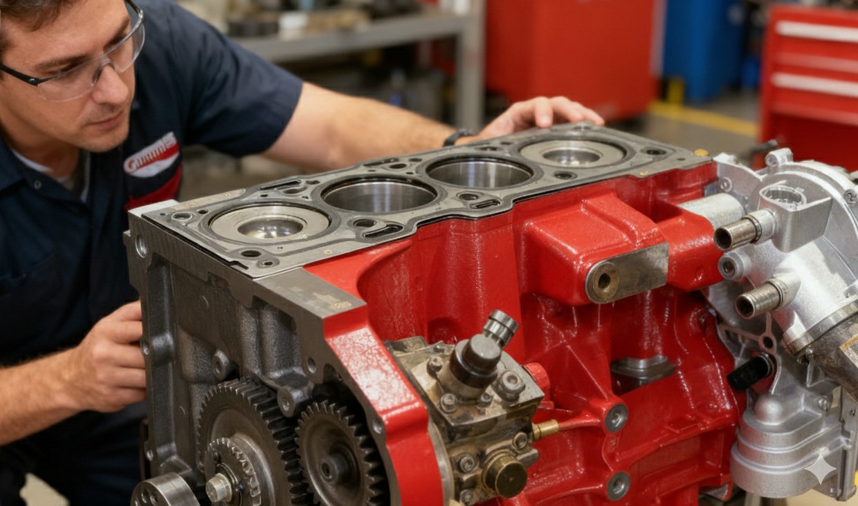 Крупный план технических деталей блока цилиндров двигателя Cummins в инженерном помещении