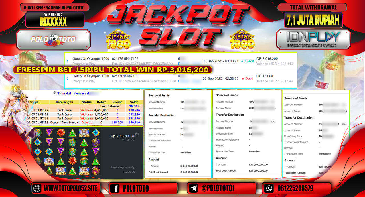 POLOTOTO JACKPOT SLOT GATES OF OLYMPUS 1000 Rp.7.100.000,- 