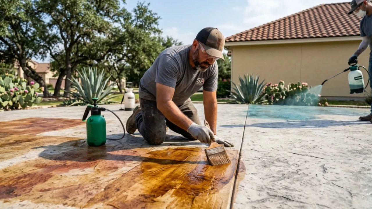 Contractor applying acid stain to concrete patio in San Antonio with brush and spray application