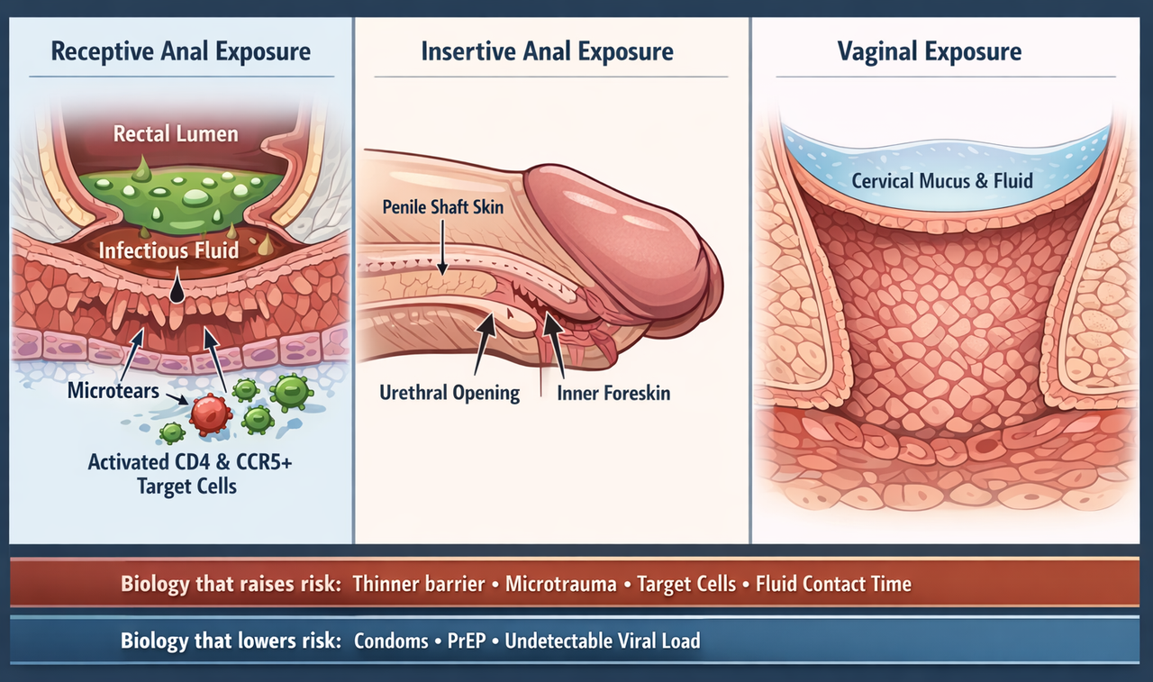 Scientific diagram comparing receptive anal exposure, insertive anal exposure, and vaginal exposure to show how tissue structure changes HIV transmission risk