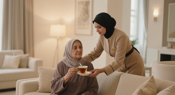 Indonesian maid caring for an elderly woman