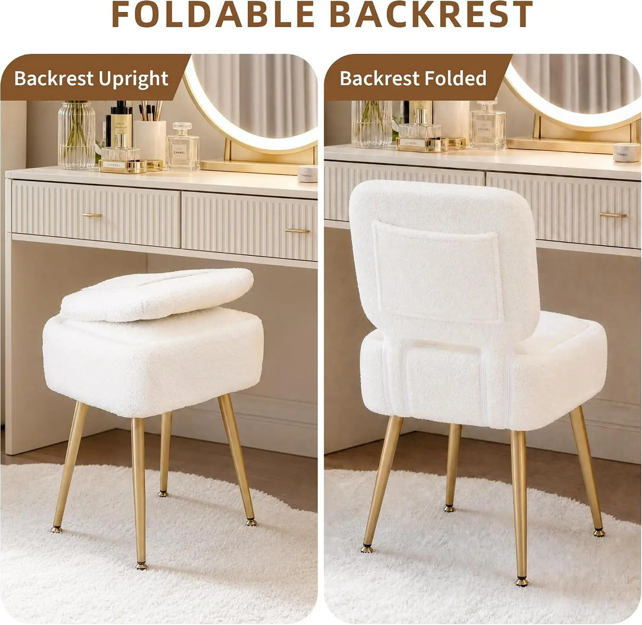 Small Sherpa vanity stool with folding backrest and storage