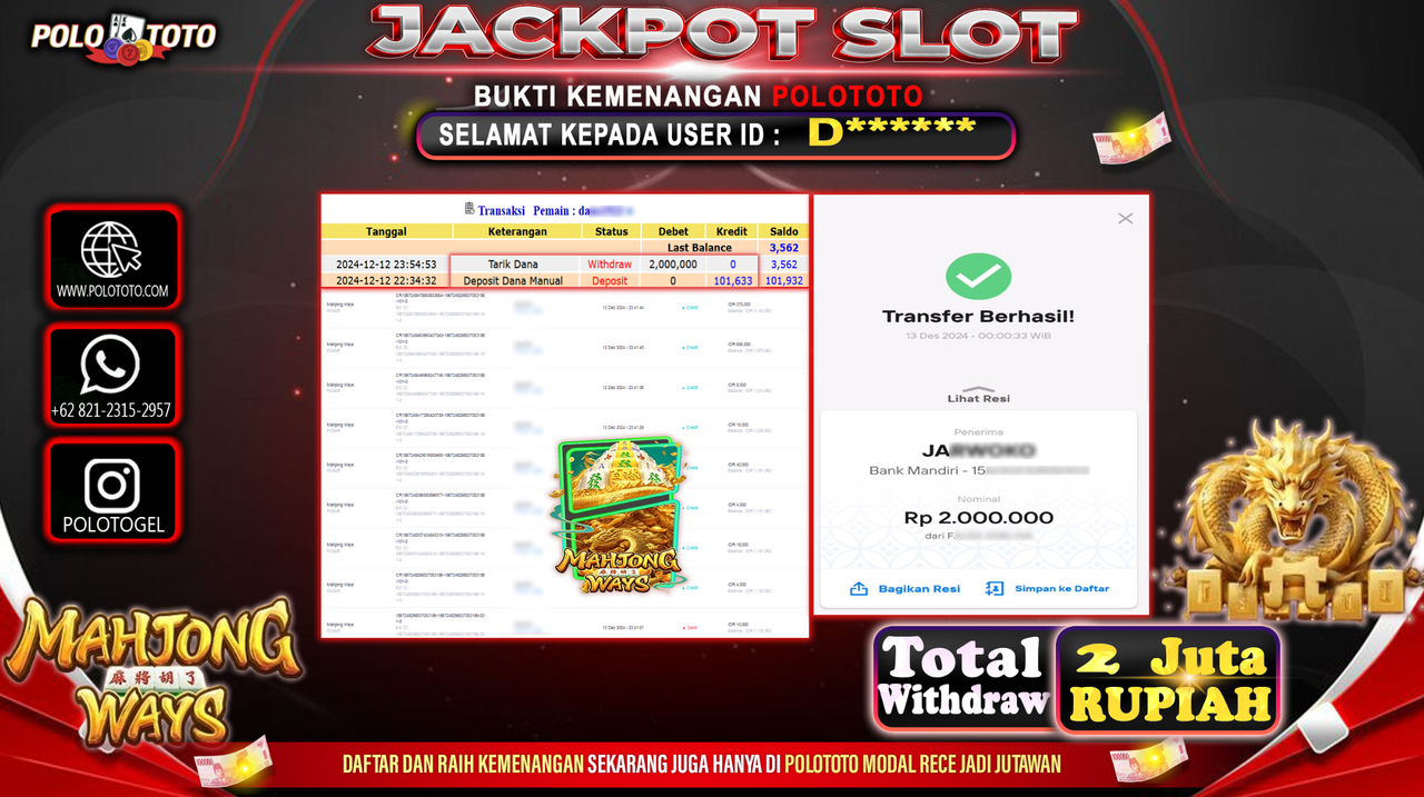POLOTOTO JACKPOT SLOT MAHJONG WAYS Rp.2,000.000,-
