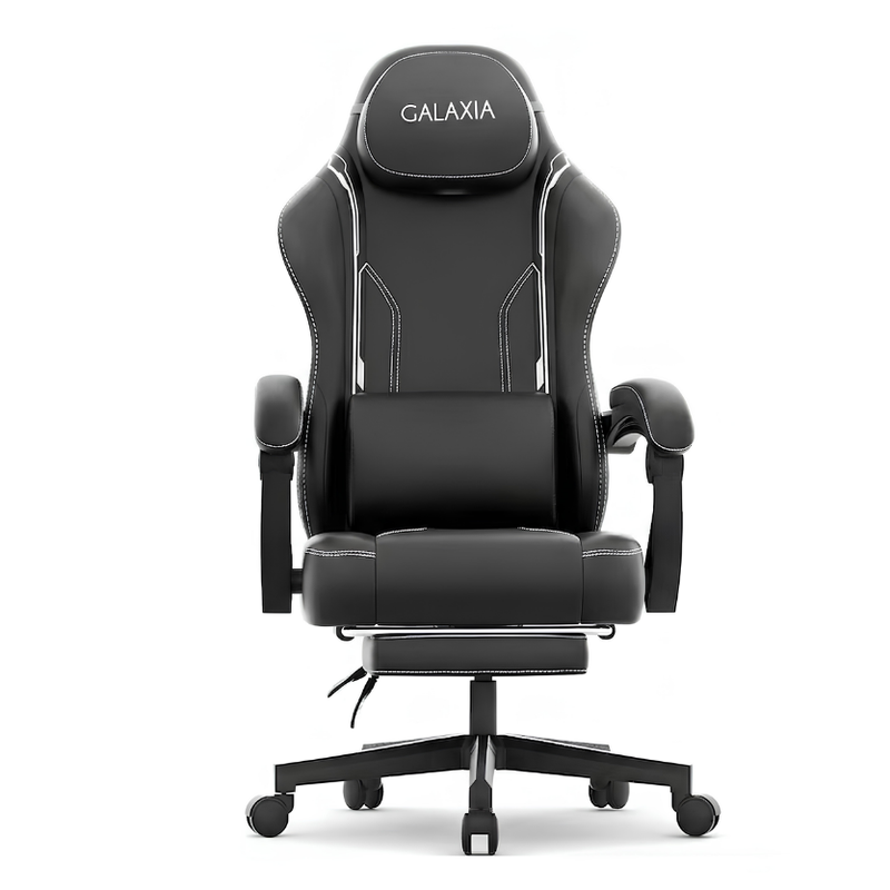 Vedere de ansamblu a scaunului de gaming ergonomic, negru cu cusaturi albe