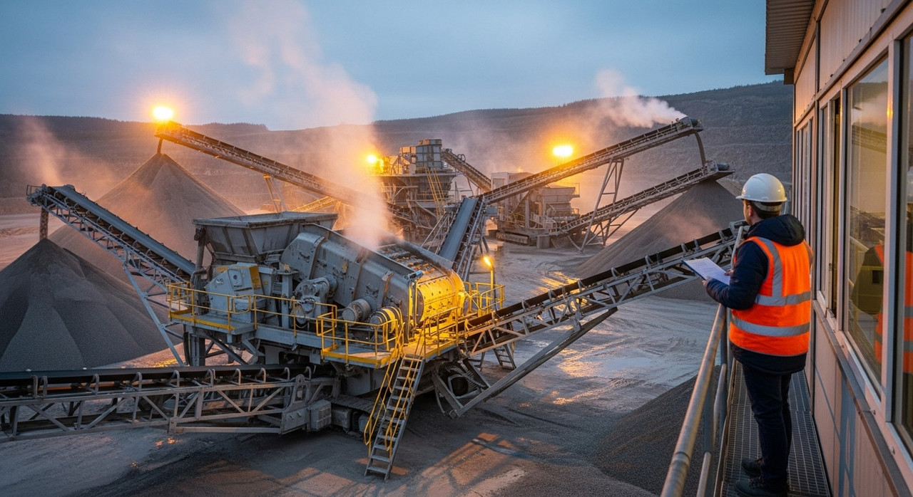 Работающая китайская дробильно-размольная установка в карьере под контролем инженера, процесс переработки сырья, иллюстрирующий производительность промышленного оборудования