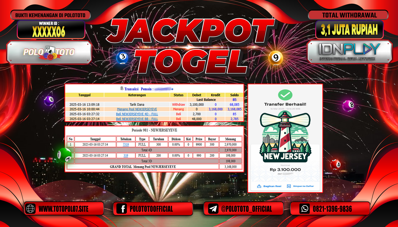 POLOTOTO JACKPOT TOGEL NEWJERSEYEVE Rp.3.100.000,-