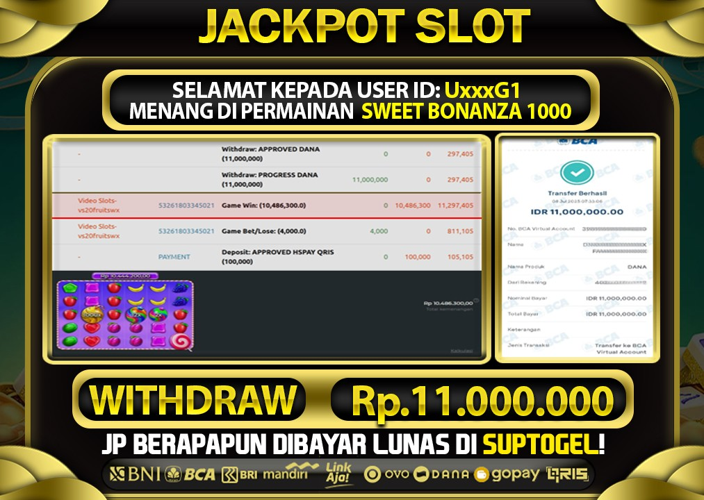 BUKTI KEMENANGAN 8 JULY 2025 MENANG DI PERMAINAN SWEET BONANZA 1000 TOTAL WD 11 JUTA