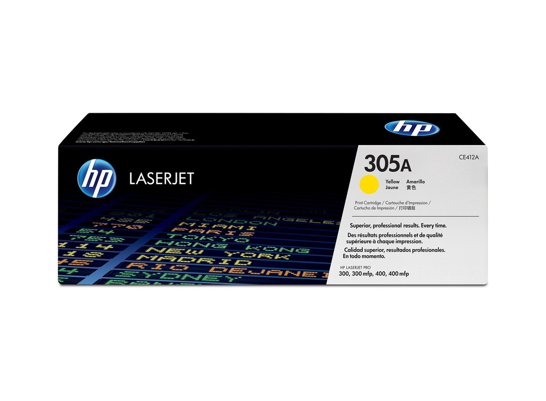 Cartucho de tóner original HP 305A en color amarillo.