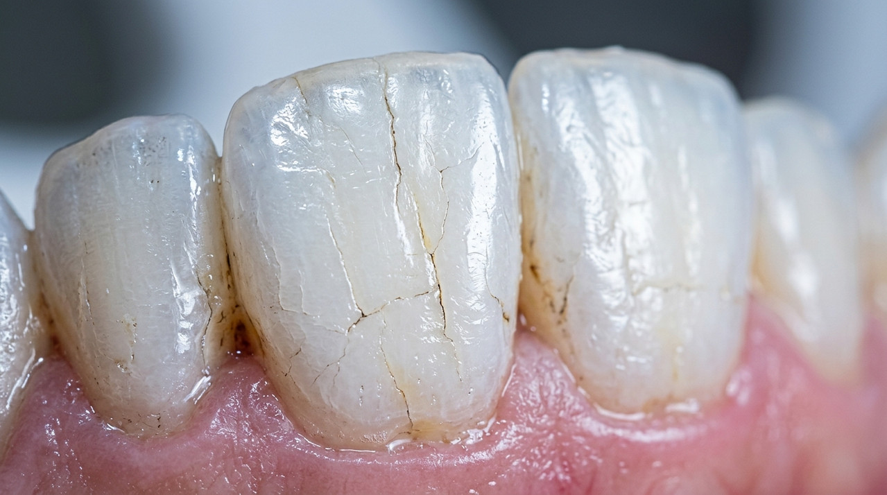 Близкий вид трещин на эмали зубов под лампой стоматолога